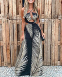 Holiday Wear Clothes Women's Sexy Palm Leaf Print Cutout Wide Leg Jumpsuit Loungewear Halter Neck Sleeveless