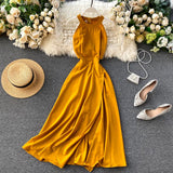 Sexy Halter Sleeveless Bohemian Dress Summer Women Elegant Off Shoulder Split Dresses Vintage A-line Beach