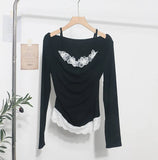 Spring Fake Two Lace Lace Collar Folded Long Sleeves Slimming Bottom T-Shirt Blouse Woman