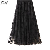 Tulle Skirt Women Vintage Butterfly Embroidery Elastic High Waist A-Line Mesh Pleated Skirt Female Midi Skirt Faldas