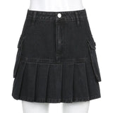 Mini Skirt Goth Denim Pleated Skirts with Big Pockets Women Girl Summer Punk Y2K Black Faldas High Waist Korean