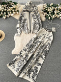 Hoodie Sporty Suits Zipper Loose Cardigan+High Waist Wide Legs Long Pants 2023 Autumn Women Fashion Print Casual