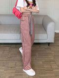 Streetwear Women Black and Pink Plaid Pants Harajuku Loose Pockets Wide Leg Pants Retro Lace Up Student Straight
