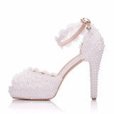 Cm Fish Mouth Waterproof Table Sandals Fine Heel Fish Mouth Sandals White Lace Wedding Shoes Large Size
