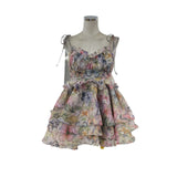 Summer Beautiful Age-Depered Printing Eugen Yarn Strap Shoulder Strap Ponpong Cake Dress Short