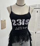 Real Shooting Lace Sling Vest Irregular Ribbon Hot Wear Print Short-Sleeved Top