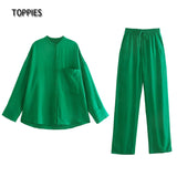 Casual Green Two Piece Set Woman Oversized Blouses Tops and High Waist Pants Homewear Tracksuit Pants
