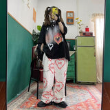 street clothing retro trend pocket jeans female letter star print high waist casual oversized straight pants