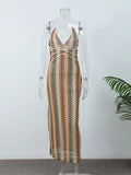 Contrast Embroidery Lace Up Halter Long Dress Women Sexy V Neck Backless Off Shoulder Robe 2024 New Lady Holiday