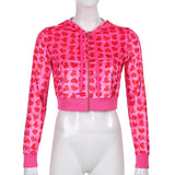 SUCHCUTE Kawaii Heart Print Pink Cropped Sweatshirts Vintage Long Sleeve Slim Aesthetic Hoodies Harajuku Zip Up Streetwear