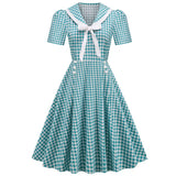 Vintage Scottish Plaid Party Dress Women Autumn Short Sleeve Bow Collar Belt Button A line Casual Swing Dresses