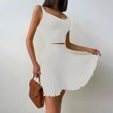 Summer Fashion Two Pieces Sexy Square Neck Crop Top & Pleated Skirt Sets Women Tank Tops Mini Dress Daily Wear