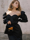 Puff Sleeve Mini Dress Square Collar Sexy Folds Fall Bodycon Party Elegant Office Lady Clubwear Christmas Dress
