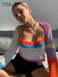 Knitted Long Sleeve Crop Top Women Beach Autumn Summer Patchwork Vintage Green Casual T Shirts Sexy
