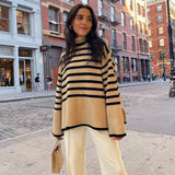 2021 Autumn Winter Oversized Knitted Pullover Women Turtleneck Long Sleeve Khaki Striped Loose Sweater Casual