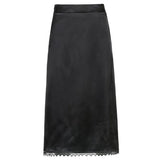 Vintage High Waist Satin Midi Skirt Women Brown Black Lace Patchwork Elegant Skirts Ladies Summer Streetwear