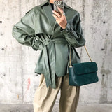 New Spring Autumn 2021 PU Leather Jacket Casual Female Streetwear Outwear Jackets Women Faux PU Leather Belt
