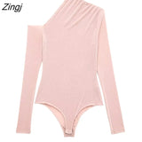 Women Sexy Solid Asymmetrical Shinning Mesh Yarn Slim Bodysuits Ladies Long Sleeve Pleats Playsuits Mujer Rompers