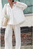 Solid Applique Flower Pant Sets Women Fashion Long Sleeves Buttons Shirt Wide Leg Pants Suits New Office Lady