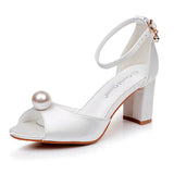 Cm Fish Mouth High-Heeled Sandals Shallow Pearl Large-Size Round-Head High Heels Bride Wedding Silk Satin Cloth Coarse