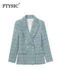 Women Fashion Tweed Blazer Jacket Double Breasted 2022 New Elegant Female Long Sleeve Chic Vintage