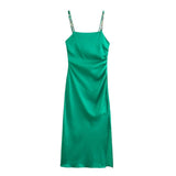 Women Fashion Satin Sea Green Dress Straps with Chains Female Elegant Maxi Midi Slit Camisole Dress Chic Lady