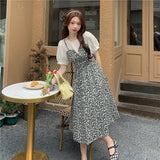 Women A-line Retro Harakuju Patchwork Puff Sleeve Floral Oversize Korean Style Elegant Chic Casual Summer Fashion