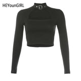 Cut Out Black Harajuku Crop T Shirt Gothic Casual Basic Woman Tshirt Tops Long Sleeve Tee Shirt Women Cool
