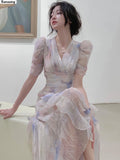 French Style Women Elegent Party Midi Print Dress Female Fashion A Line Holiday Clothes