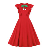 Red Women Party Tunic Dress Cherry Butterfly Sleeve 50s 60s Swing Hepburn Vintage Retro Rockabilly Pin Up Midi