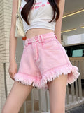 Summer 2022 Thin Frayed Pink Denim Shorts Women Tassel Hot