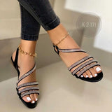 women summer shoes 2022 fashion rhinestone sandals women's one word plus size flat beach sandals