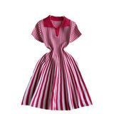 Zingj Niche Retro Color Lapel Short Sleeve Striped Dress Female Waist Show Thin Temperament A-Word Knit