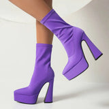 Blue Women Ankle Boots 2022 Stretch Fabric Platform Square High Heel Punk Boots Pointed Toe Autumn Winter Ladies