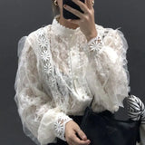 Lace Blouses Stand Collar Tops See Through Shirt Women Blouse Korean Clothing Pearl Buckle Loose Long Sleeve Shirt