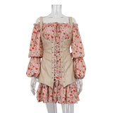 Zingj Women's Fall 2023 New Fashion Long-Sleeved Floral Dress With A Waistcoat Waist To Show A Thin A-Line Skirt-Outfit