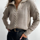 Zipper-up Loose Solid Sweater Women Winter Long Sleeve Pullover Knitting Autumn Female Fashion Twist Knitted Tops