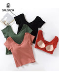 Women Shirts Cotton Short Sleeves with Bra Pads and Cups Home Sports T-Shirt Women V Neck Summer Comfortable Tops