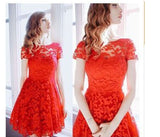 Women's Lace Dresses Short Sleeve Pack Hip White Red Dress Elegant Pencil Skinny Knee Dress Festive Party Vestidos