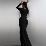 Zingj Women's Wear Spring / Summer 2024 New Solid Color Long Sleeve Collect Purse Hip Slit Dress Children's Holiday