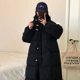 East Gate Korean Horn Buckle Long Down Jacket Female 2024 Winter Temperament Over The Knee And Thick White Duck Velvet Coat Tide-Outfit