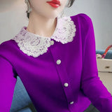 Winter Lace Patchwork Doll Collar Sweet Knitting Cardigan Lady Elegant Fashion All-match Buttons Sweater Top Women