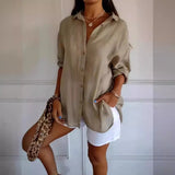 New Single-Dran Buckle Folding Collar Shirt Burst Lady Solid Color Can Sleeve