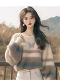 Fashion Style Sweater Korean Soft-Creative Languid Lazy Super-Good-Looking White Striped Print