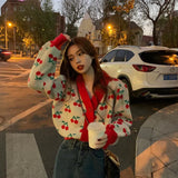 Women Long Sleeve V-Neck Print Sweet Comfortable Femme Cardigan Knitted Wear Casual All-match Warm Student Autumn