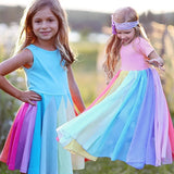Spring Girls Dress Brand New Arrival Kids Pastel Rainbow Cotton Ankle-length Princess Dress Up for Girls Casual