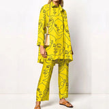 Turn Down Collar Blouse + Wide Leg Pants Outfits Women Autumn Long Sleeve Tee Suit Elegant Floral Printed Two Piece
