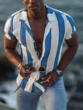Mens Shirt Summer Streetwear Casual Short Sleeve Turn-down Collar Button Shirts Men Vintage Striped Print Cardigan
