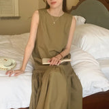 Zingj Chic Summer New Dew Back Loose Sleeveless Vest Skirt Flounce Skirt Place Splicing Long Dress