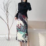 Folded New Frosted Dress Dress Fashion Retro Print Fork Medium Long Skirt